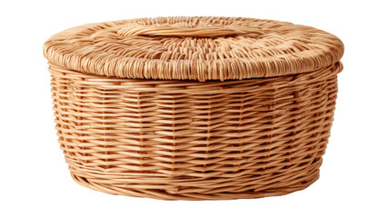 Round wicker storage basket with lid handmade natural rattan container home organization rustic decor isolated on white background