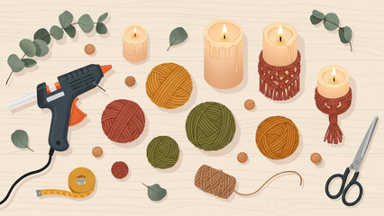 Diy candle decoration with yarn and hot glue gun on beige background with scissors and eucalyptus leaves with DIY decoration with crafting