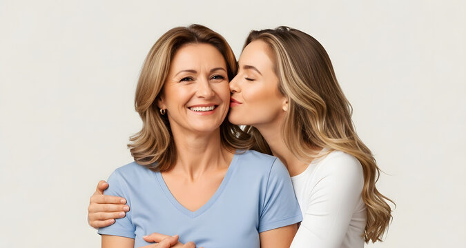 Beautiful adult daughter kissing happy senior mother on cheek isolated on light background