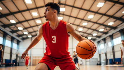 Young male basketball player in red uniform practicing dribbling on indoor court during training session with focused expression and gym background
