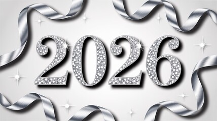 Elegant Silver 2026 New Year Greeting Card Design with Sparkling Glitter and Ribbons for Festive Celebrations