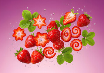 Strawberries with Leaves and Star Shaped Slices Flying with Water Bubbles on Purple Background