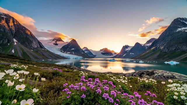 Mountain lake scenery unfolds with delicate flowers, majestic peaks, and gentle icebergs in Norways picturesque wilderness, perfect as a stunning wallpaper or 4K/HD video loop for serene.