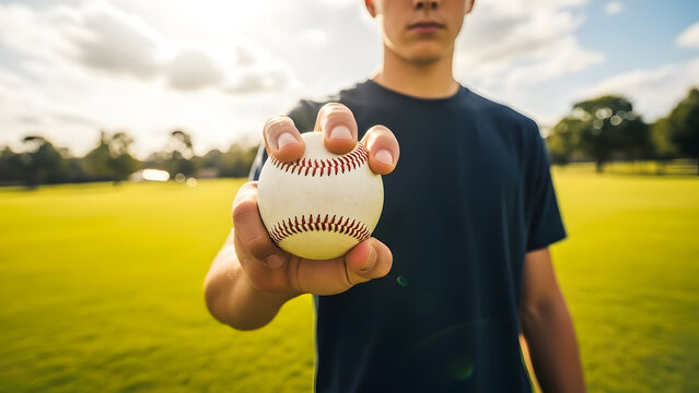 Young male baseball player holding a baseball on a sunny outdoor field with trees in the background for sports training and recreational activities - Powered by Adobe
