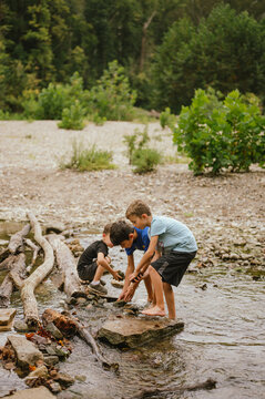 Three brothers playing with rocks in creek at Turkey Run State Park