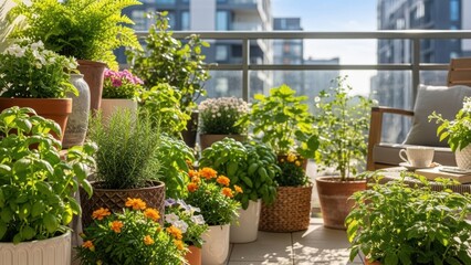 Balcony garden with various potted herbs and flowers. Urban oasis providing a relaxing outdoor space in a city apartment. Cozy living concept.