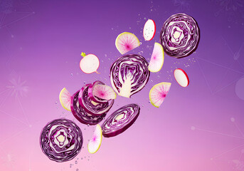 Whole and Sliced Red Cabbage and Radish Pieces Levitating in a Purple Artistic Space