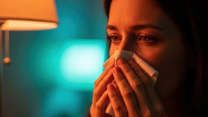 Woman blowing nose with tissue, illuminated by warm lamp light. Symptom of illness, allergy, or cold concept. Healthcare and hygiene.
