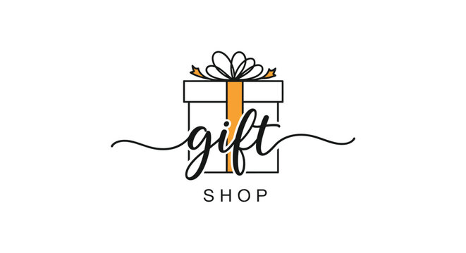 Elegant and minimalist logo for a gift shop featuring a simple gift box with a bow and stylish, flowing calligraphy typography.