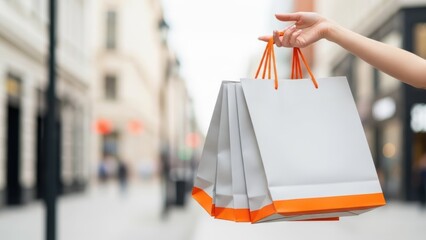 Woman hand holding shopping bag on blurred street background. Retail therapy and consumerism during a sale event, with copy space.