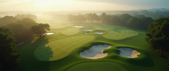 A cinematic 4K aerial shot of a luxury golf course, captured early in the morning