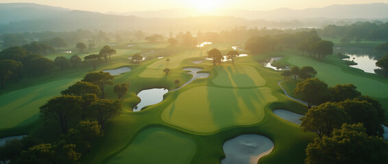 A cinematic 4K aerial shot of a luxury golf course, captured early in the morning