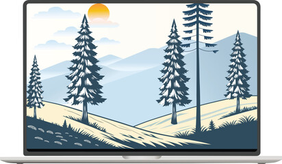 Winter Landscape with Snow-Covered Hills, Pine Trees sunrise and birds. Nature background for Christmas or New Year. Peaceful wintertime scene.