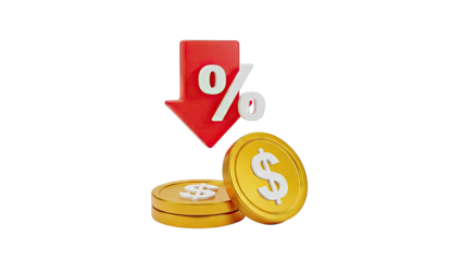 Red Downward Arrow with Percentage Sign and Dollar Coins