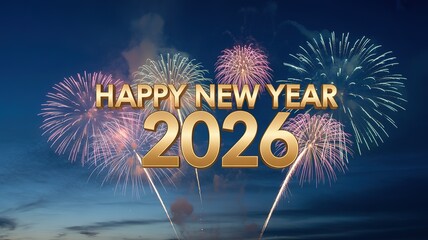 Fireworks Celebrate 2026 New Year Festive Greeting Card Design with Gold Typography on Blue Sky Background
