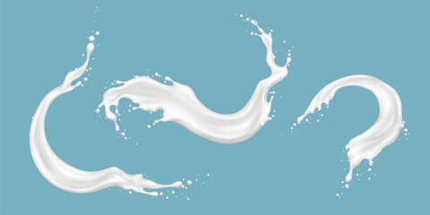 Fototapeta na wymiar Milk splashes set isolated on blue background. Vector realistic illustration of white yogurt swirl, abstract cream wave, paint splatter with drops and motion, milky liquid pouring, dairy product flow