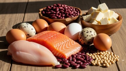 Various sources of protein including chicken breast, salmon, eggs, beans, and cheese on a wooden surface representing healthy eating and nutrition.