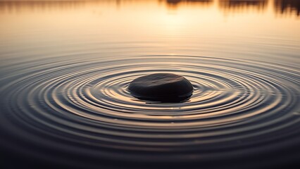 unanimity. Flat stone skimming across a calm lake at sunset, creating concentric ripples in golden light. inspiring travel planning.