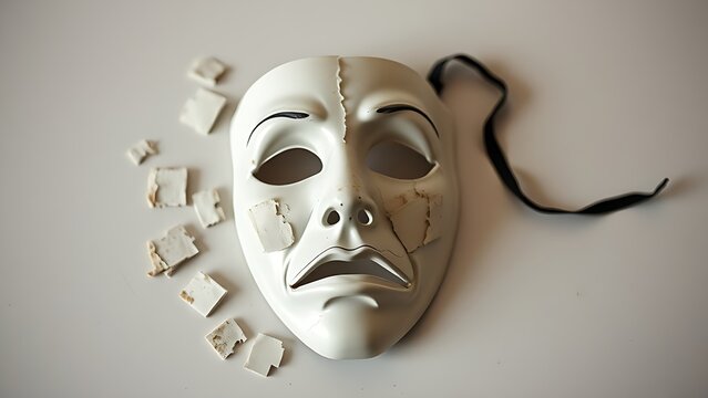 reassembled. A fragmented theatrical mask with pieces reassembled into a distorted expression. event programs, museum guides, designed for cultural heritage projects and event programs.