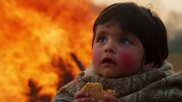 Portrait of a bundled up child holding a revri sweet, looking enchanted at the flickering flame of a lori fire against a blurred festive background.