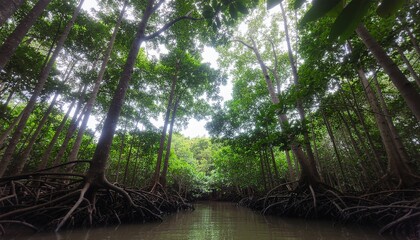 Mangrove Forest Canopy Exploration During the Day with Waterway and Exposed Roots