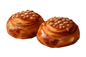 Two sweet cinnamon buns on a transparent background. Baked pastry for a delicious breakfast, snack, or dessert