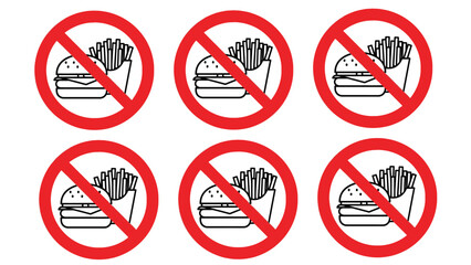Set of six icons indicating strict prohibition against consuming fast food including cheeseburgers and french fries in public or private spaces