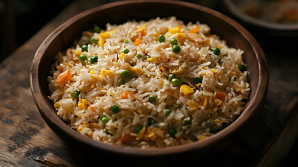 A delicious bowl of fried rice with vegetables on a wooden table indoors