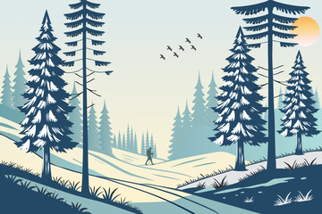 Winter Landscape with Snow-Covered Hills, Pine Trees sunrise and birds. Nature background for Christmas or New Year. Peaceful wintertime scene.