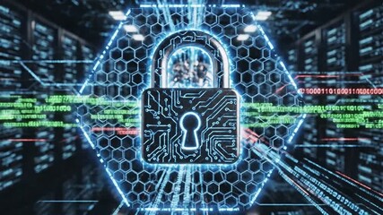 A padlock with circuit board design on a background of data center servers with binary code - Powered by Adobe