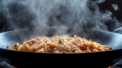 Steamy fried rice dish cooking in a wok creating a halo effect with steam rising