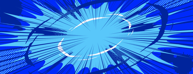 Anime explosion background with radial burst. Comic book style blue backdrop with dynamic speed lines, halftone dots and energetic motion rays for manga action scenes