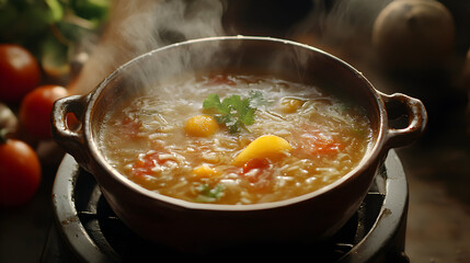 Steaming hot and sour soup with rice vinegar served in a pot on a stove