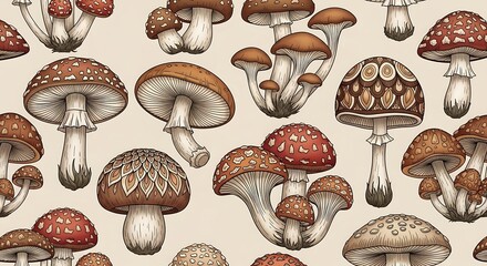 Seamless Pattern of Various Hand-Drawn Mushrooms on a Light Background.