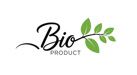 Simple and elegant logo for a bio product, featuring beautiful calligraphy and a fresh green branch with leaves extending from the text.