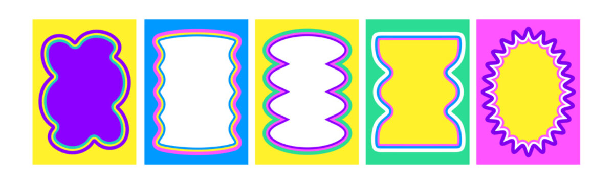 Scallop frame collection with wavy borders in vibrant colors - y2k style shapes with wiggle edges. Retro rectangular and oval bright frames with fun squiggly lines, starburst and curved designs.