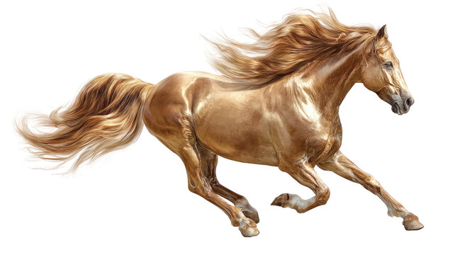 Golden running horse with flowing mane dynamic powerful motion realistic animal illustration detailed luxury artwork isolated on white background