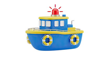 Cartoon Blue and Yellow Boat with Red Light and Lifebuoys