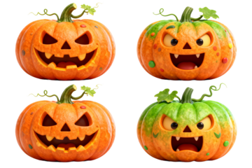 Four Jack-o'-lantern Pumpkins with Different Expressions