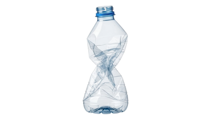 Empty crushed clear plastic water bottle standing upright, cut out, stock png, isolated on transparent background