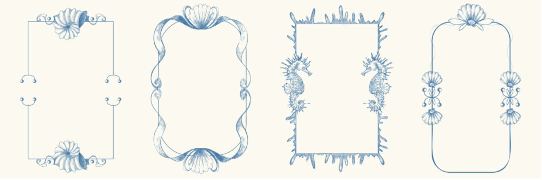 Vintage sea frames set with hand drawn doodles. Blue decorative border adorned with seashells, seahorse motifs and marine elements in whimsical line for beach wedding invitation, summer birthday card