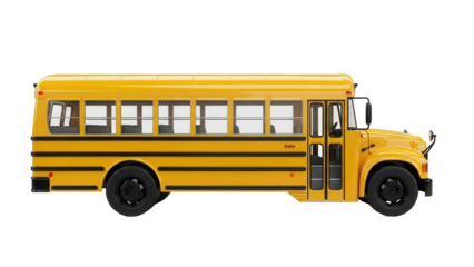 Yellow school bus side view, iconic vehicle for student transportation, cut out, stock png, isolated on transparent background