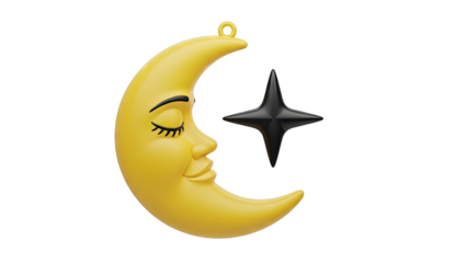 Cartoon Crescent Moon with Closed Eyes and Black Star
