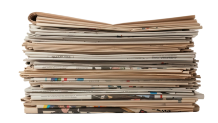 Large stack of old newspapers piled up, cut out, stock png, isolated on transparent background