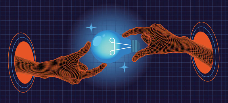 Wireframe hands passing glowing lightbulb through portals on blue grid background. Innovation, AI technology, and digital collaboration concept for future idea sharing and creative brainstorming