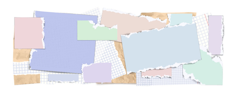 Funky paper collage background with torn notebook sheets and ripped edges. Pastel colored paper scraps, grid textures and tape pieces arranged in vintage scrapbook style for y2k banners design.