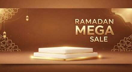 Ramadan Mega Sale Podium Display with Golden Ornaments and Lanterns on Brown Background.