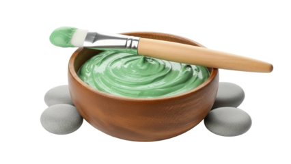 Green cosmetic clay mask in wooden bowl with application brush and spa stones, cut out, stock png, isolated on transparent background