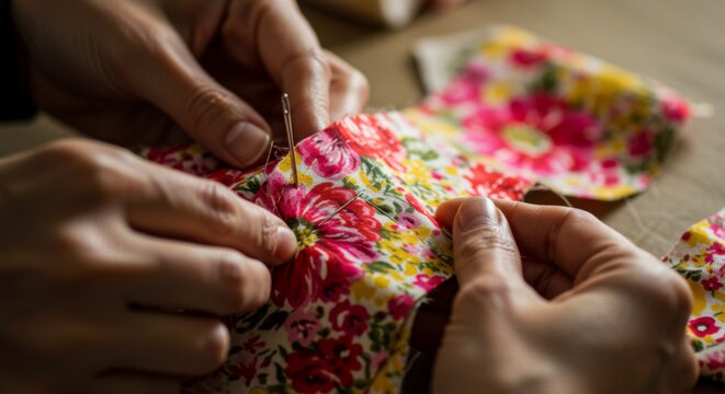 Close Up Hands Sewing Floral Fabric