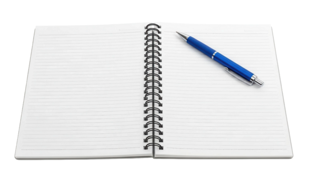An open blank spiral notebook with a blue pen on its lined pages, cut out, stock png, isolated on transparent background - Powered by Adobe